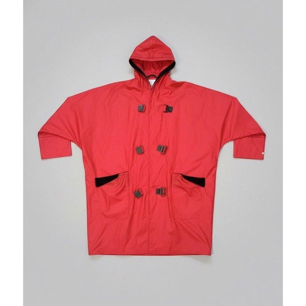 Vintage Pappagallo Red Vinyl Raincoat Hooded Buckle Jacket Oversized‎ L XL